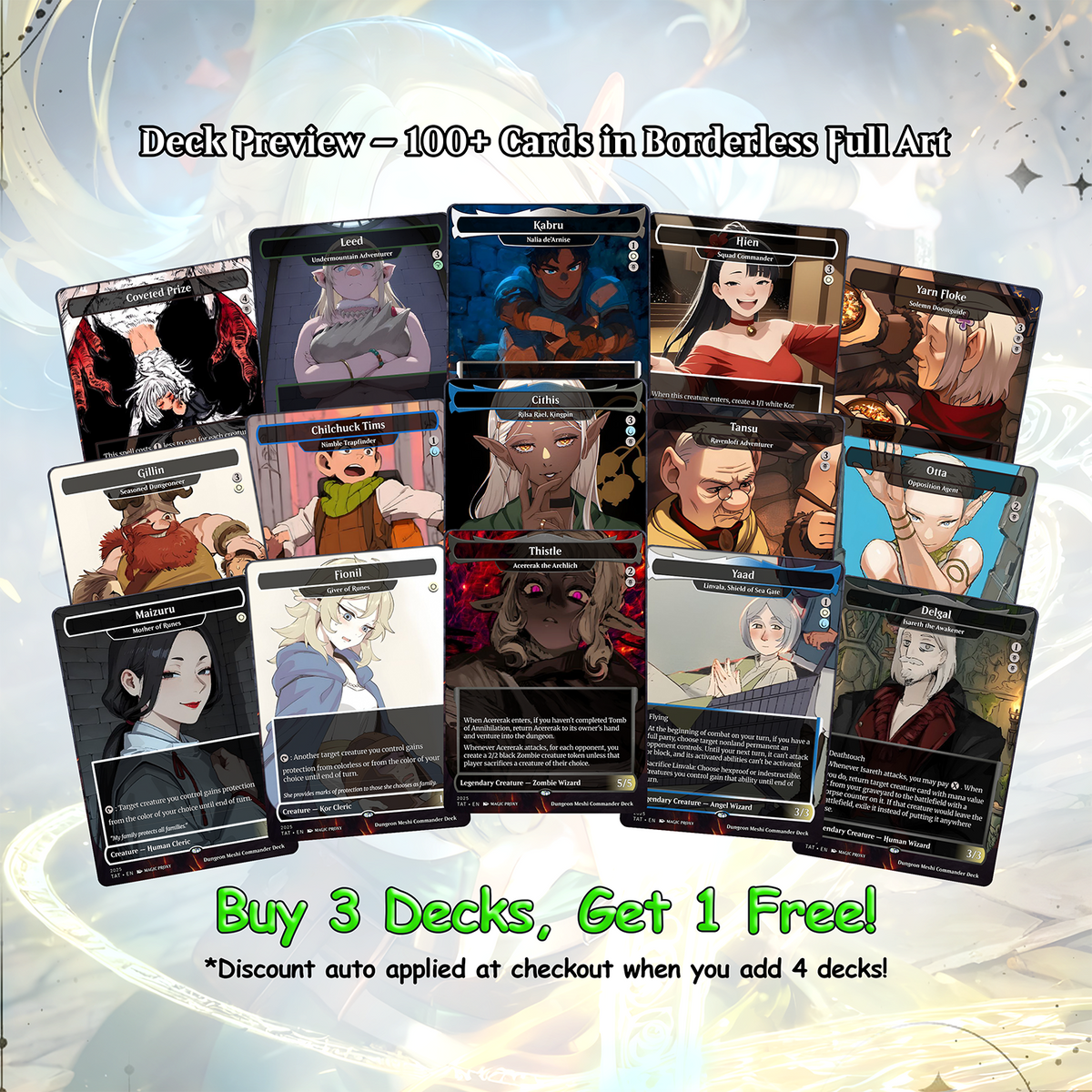 Dungeon Meshi Party Theme / Tarzi Commander Deck / Premium Paper Proxy Deck / 100 cards + tokens / Venture Theme Bracket 4 Edh Magic Deck