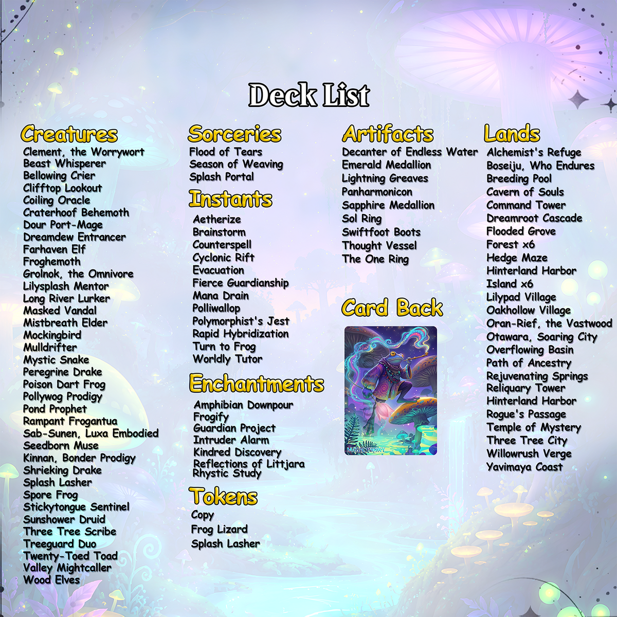 Frog Tribal Theme / Clement Commander Deck / Premium Paper Proxy Deck / 100 Cards + Tokens / Frog Tribal Bracket 4 EDH Magic Deck