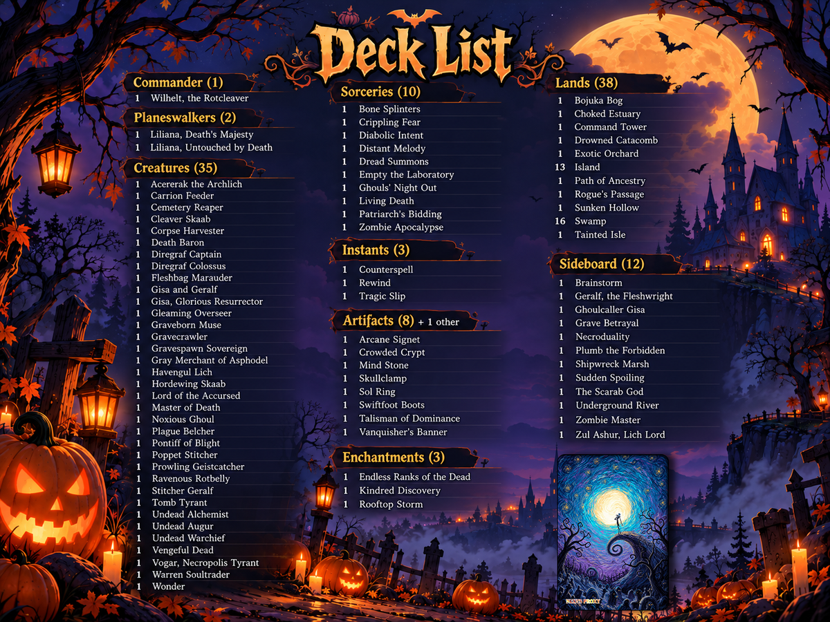The Nightmare Before Christmas Commander Deck Proxy | Jack Skellington Inspired EDH Deck | Wilhelt Zombie Tribal | 100 Custom Cards