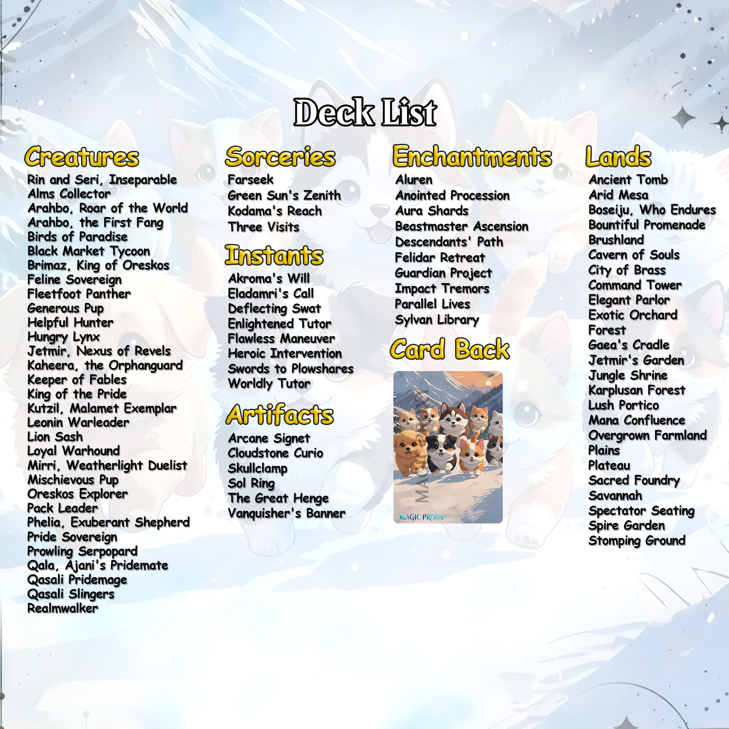 Rin and Sri Cat Dog Proxy Commander EDH Deck, 100 Cards + 8 Free Tokens | Cute Custom Full Art | MuraProxyArt