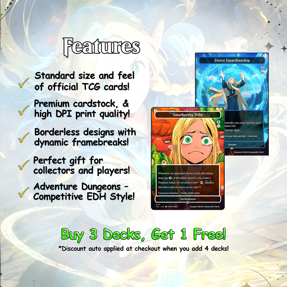 Dungeon Meshi Party Theme / Tarzi Commander Deck / Premium Paper Proxy Deck / 100 cards + tokens / Venture Theme Bracket 4 Edh Magic Deck