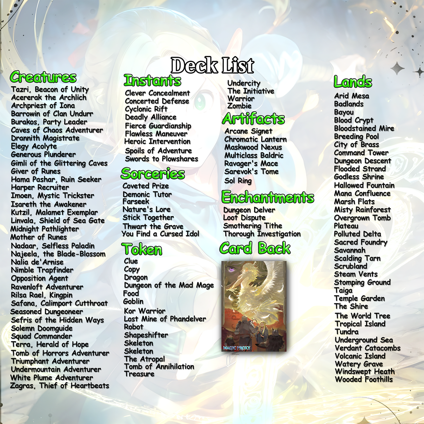Dungeon Meshi Party Theme / Tarzi Commander Deck / Premium Paper Proxy Deck / 100 cards + tokens / Venture Theme Bracket 4 Edh Magic Deck
